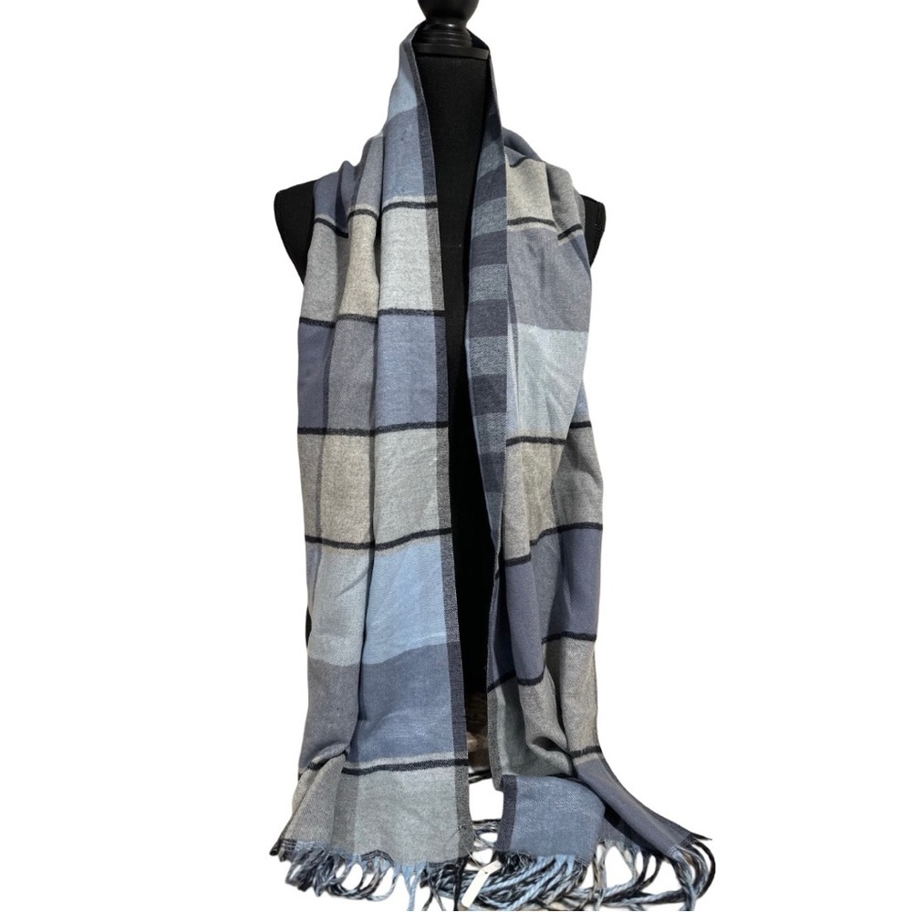 Super SoftDouble sided Plaid & Checked Pattern Blue Toned Long Scarf NEW - Picture 5 of 17